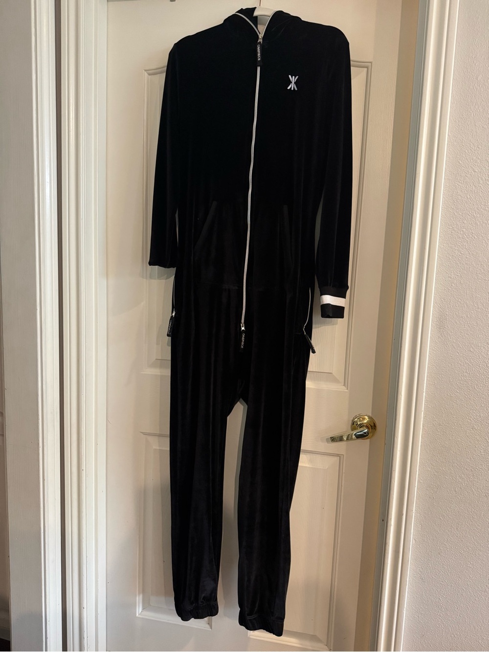 Onepiece Black Velvet Hooded Jumpsuit with White Trim